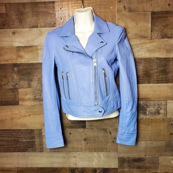 IRO HARTLEY LEATHER MOTO JACKET IN BLUE-LT - Picture 2 of 14